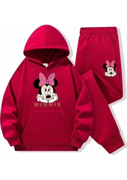 Punıx Kıds Özel Tasarım Kapüşonlu Pembe Kurdeleli Minnie Baskılı %100 Pamuk Kışlık Kız Çocuk Eşofman Takımı