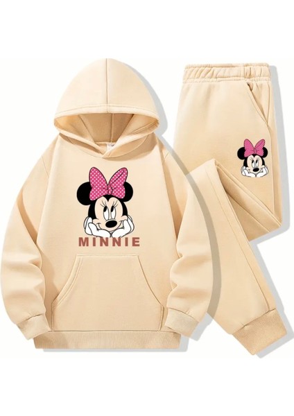 Punıx Kıds Özel Tasarım Kapüşonlu Pembe Kurdeleli Minnie Baskılı %100 Pamuk Kışlık Kız Çocuk Eşofman Takımı