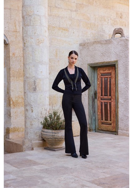 Kadın Şerit Detay Hırka Siyah 25004