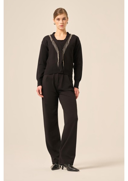 Kadın Şerit Detay Hırka Siyah 25004 fiyatları