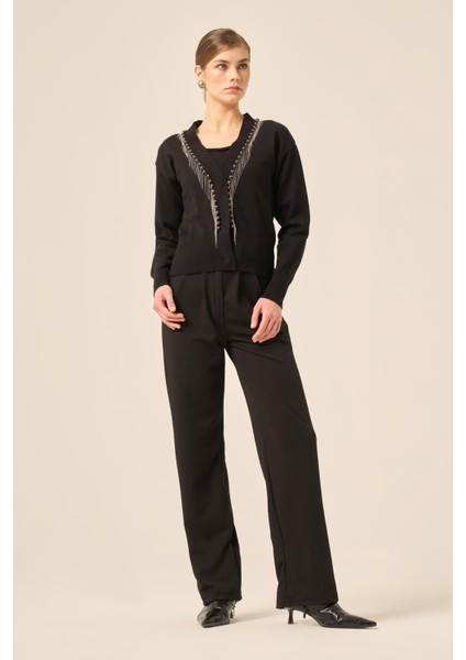 Kadın Şerit Detay Hırka Siyah 25004 modelleri