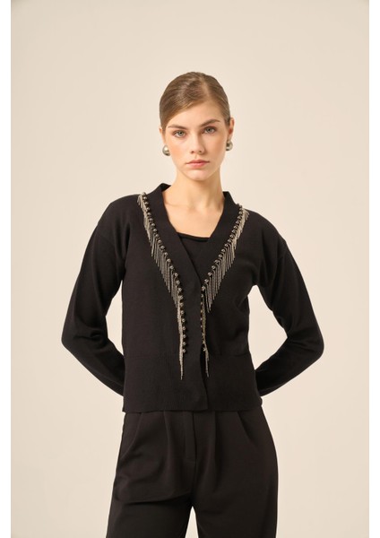 Kadın Şerit Detay Hırka Siyah 25004 fırsatları