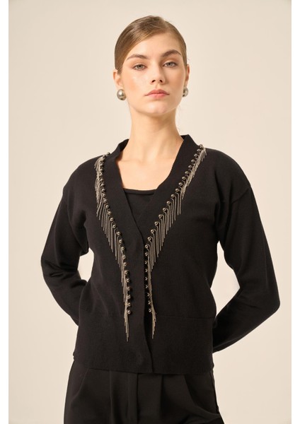 Kadın Şerit Detay Hırka Siyah 25004 indirimleri