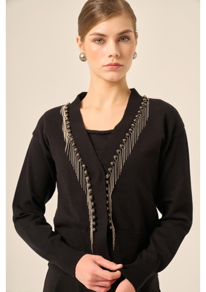 Kadın Şerit Detay Hırka Siyah 25004