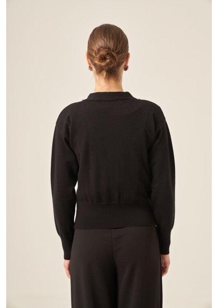 Kadın Şerit Detay Hırka Siyah 25004