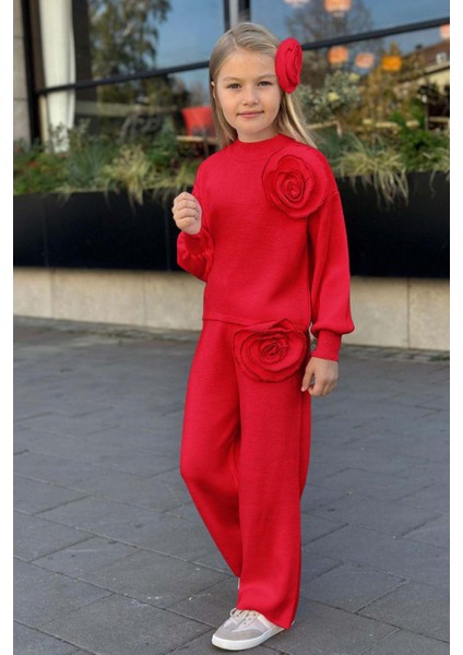 Kız Çocuk Balıkçı Yaka Omuzunda Gül Broşlu Kazak Bol Kesim Kırmızı Triko Alt Üst Takım