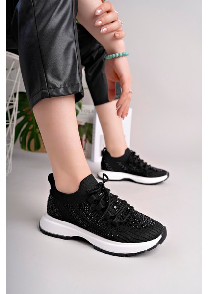 Kadın Bağcıklı Pullu Triko Poli Taban Spor Sneaker Ayakkabı-Siyah