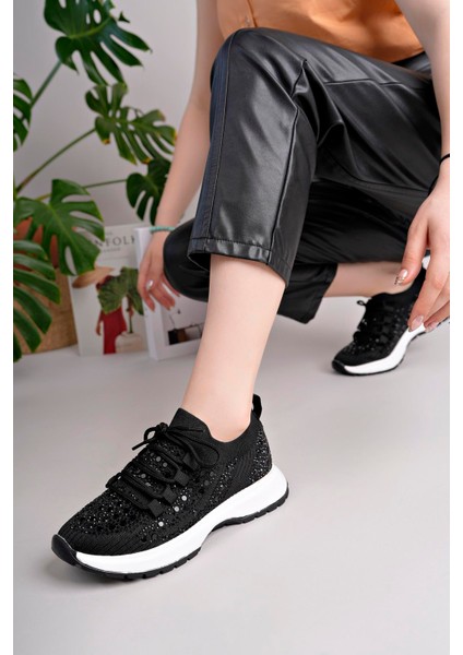 Kadın Bağcıklı Pullu Triko Poli Taban Spor Sneaker Ayakkabı-Siyah fiyatları