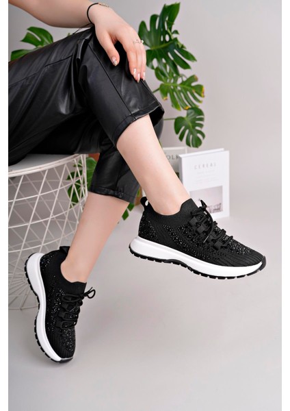 Kadın Bağcıklı Pullu Triko Poli Taban Spor Sneaker Ayakkabı-Siyah modelleri