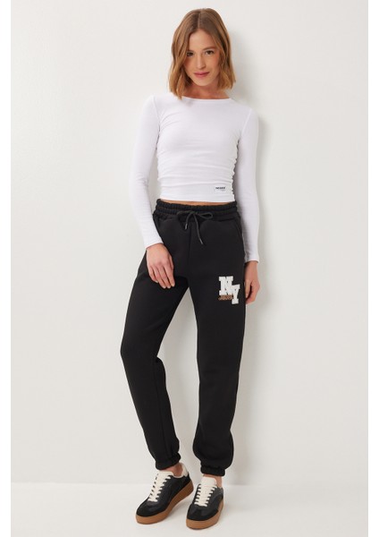 Işlemeli Şardonlu Jogger Eşofman Altı LZV0039 Siyah