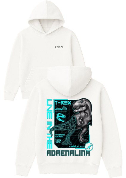 T Rex Tasarım Baskılı Oversize Beyaz Kapüşonlu Sweatshirt