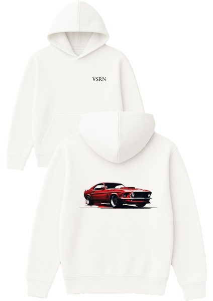 Red Fast Car Tasarım Baskılı Oversize Beyaz Kapüşonlu Sweatshirt