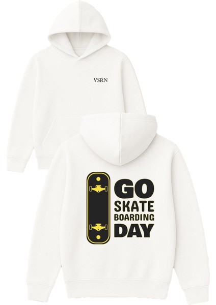 Go Skate Boardıng Day Tasarım Baskılı Oversize Beyaz Kapüşonlu Sweatshirt
