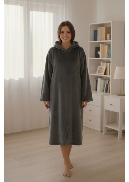 Serona Wellsoft Peluş Kapüşonlu Uzun Panço Yumuşak Dokulu Giyilebilir Tv Battaniyesi | Antrasit S/m