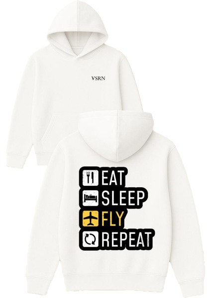 Fly Eat Sleep Tasarım Baskılı Oversize Beyaz Kapüşonlu Sweatshirt