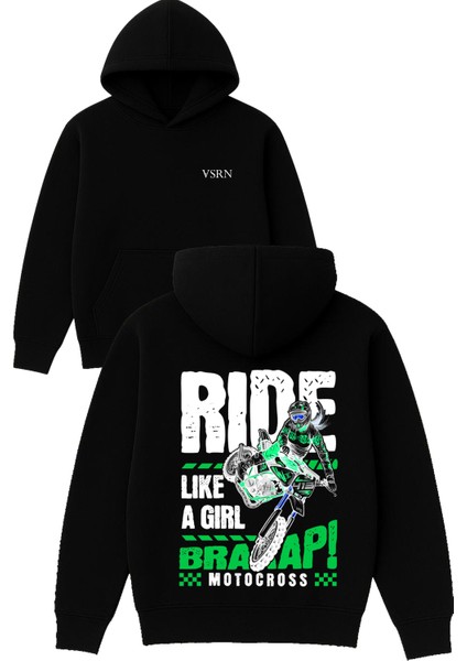 Motocross Girl Tasarım Baskılı Oversize Siyah Kapüşonlu Sweatshirt