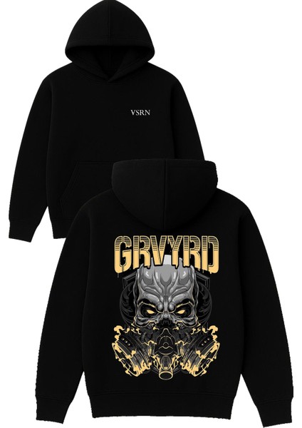 Grvyrd Canavar Tasarım Baskılı Oversize Siyah Kapüşonlu Sweatshirt
