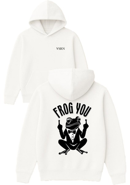 Frog You Tasarım Baskılı Oversize Beyaz Kapüşonlu Sweatshirt
