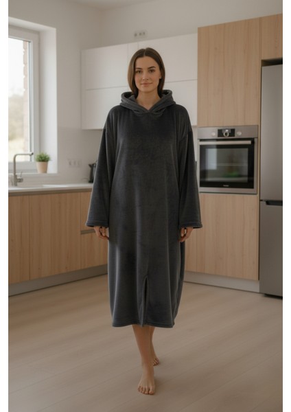 Serona Wellsoft Peluş Kapüşonlu Uzun Panço Yumuşak Dokulu Giyilebilir Tv Battaniyesi | Antrasit S/m
