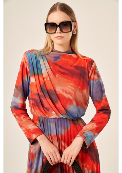 Kadın Likra Tül Elbise Kırmızı 30417 indirimleri