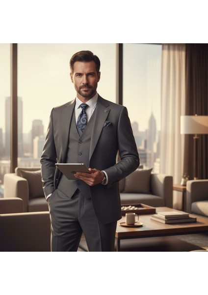 Erkek Takım Elbise, Mono Yaka, Blazer, Slımfıt, Gri