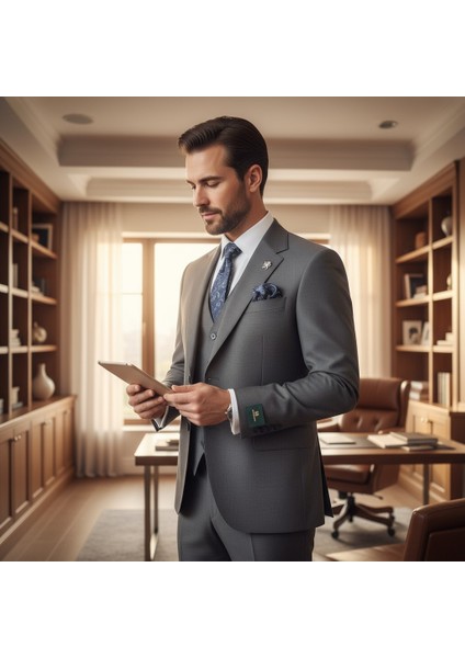 Erkek Takım Elbise, Mono Yaka, Blazer, Slımfıt, Gri