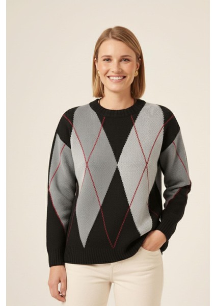 Kadın Baklava Desenli Kazak Siyah 25094 modelleri