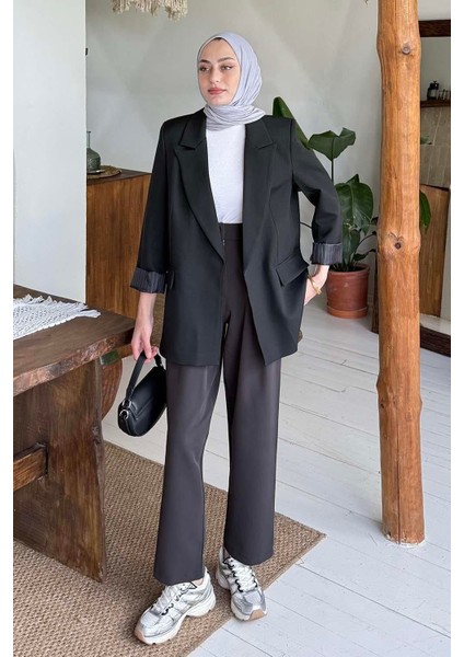 Çizgili Astarlı Tesettür Ceket Siyah