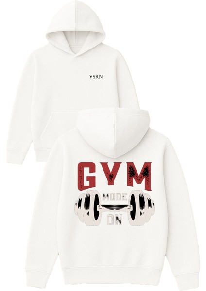 Gym Modu Açık Tasarım Baskılı Oversize Beyaz Kapüşonlu Sweatshirt