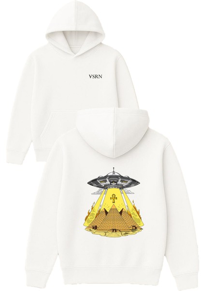 Ufo Mısırda Tasarım Baskılı Oversize Beyaz Kapüşonlu Sweatshirt