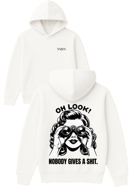 Oh Look Nobody Gıves A Shıt Tasarım Baskılı Oversize Beyaz Kapüşonlu Sweatshirt