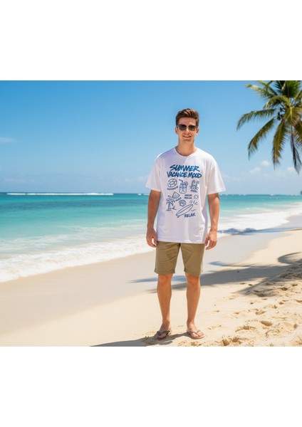 Summer Vacance Mood Oversize Unisex T-Shirt %100 Pamuklu Beyaz