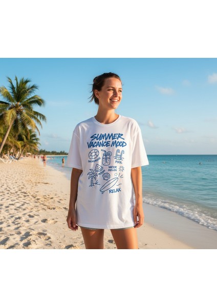 Summer Vacance Mood Oversize Unisex T-Shirt %100 Pamuklu Beyaz fiyatları