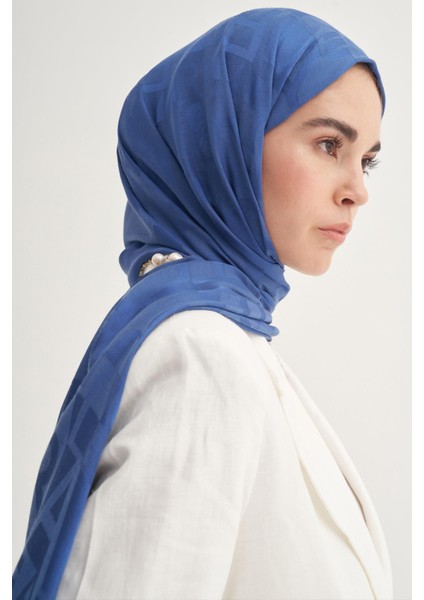 Yazı Desen Jakar Italyan Ipekli Şal Indigo