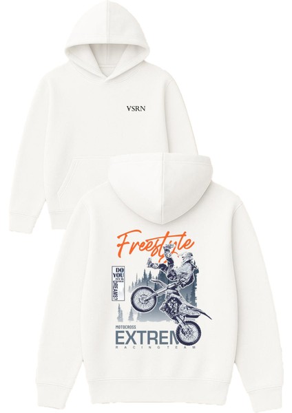 Freestyle Motocross Tasarım Baskılı Oversize Beyaz Kapüşonlu Sweatshirt