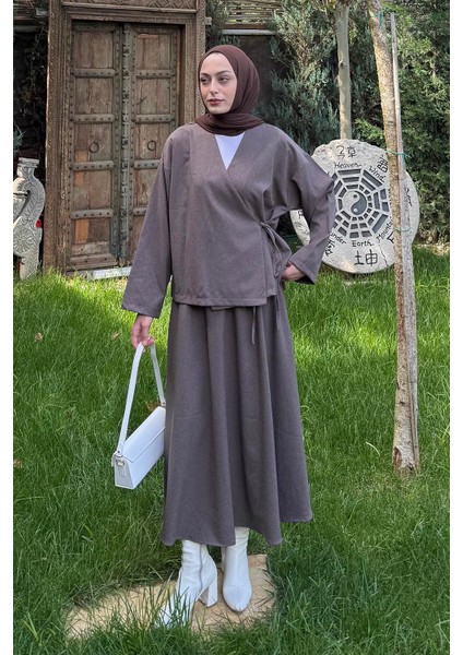 Bağlama Detaylı Etekli Takım Vizonrengi