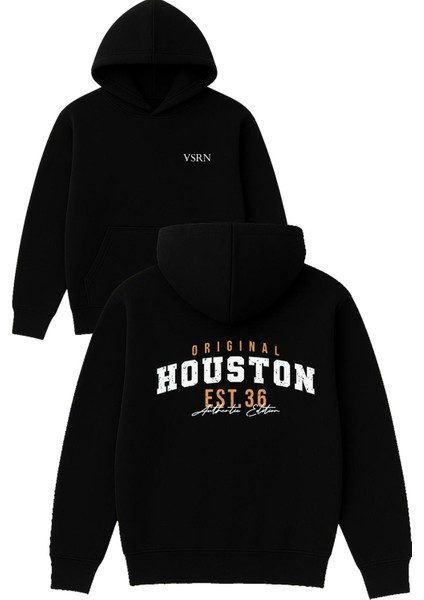 Orıgınal Houston Tasarım Baskılı Oversize Siyah Kapüşonlu Sweatshirt