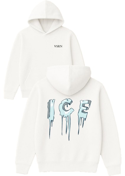 Ice Tasarım Baskılı Oversize Beyaz Kapüşonlu Sweatshirt