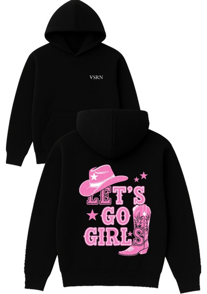 Pembe Lets Go Girls Tasarım Baskılı Oversize Siyah Kapüşonlu Sweatshirt