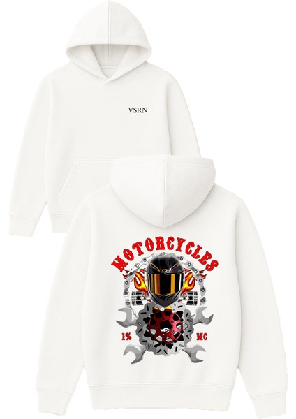 Motorcycles Tamir Tasarım Baskılı Oversize Beyaz Kapüşonlu Sweatshirt