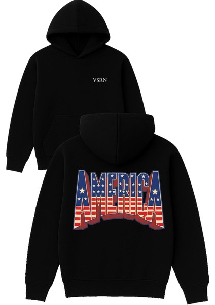 Amerıca Tasarım Baskılı Oversize Siyah Kapüşonlu Sweatshirt