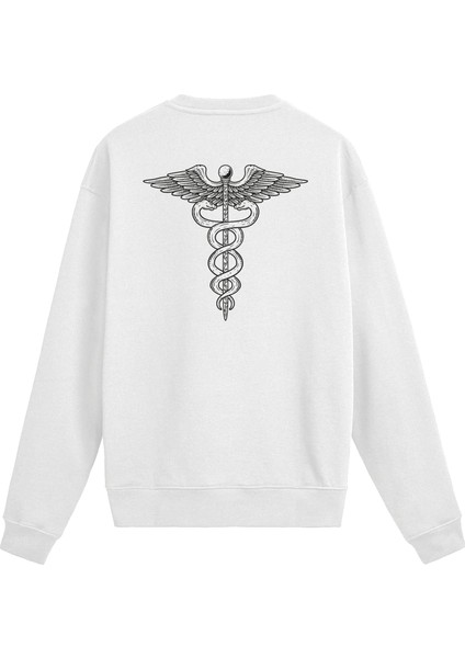 Tıbbın Simgesi Kadüse Baskılı Beyaz Sweatshirt