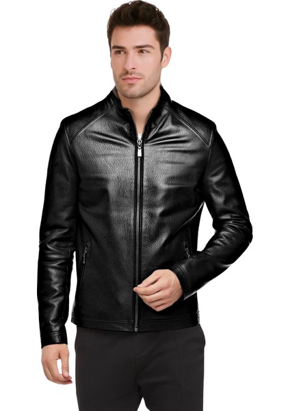 Puyol Hakiki Jumbo Deri Erkek Siyah Mont