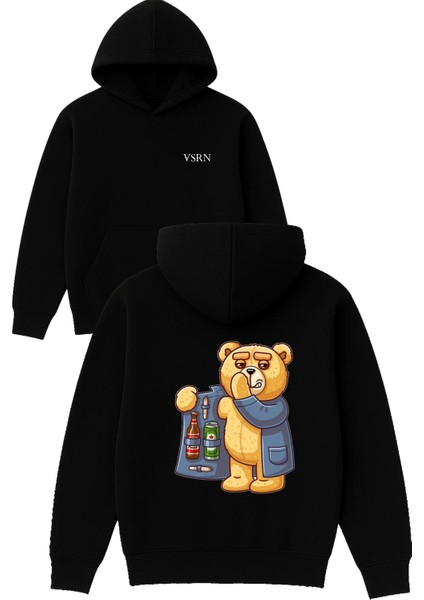 Ayı Ceketli Tasarım Baskılı Oversize Siyah Kapüşonlu Sweatshirt