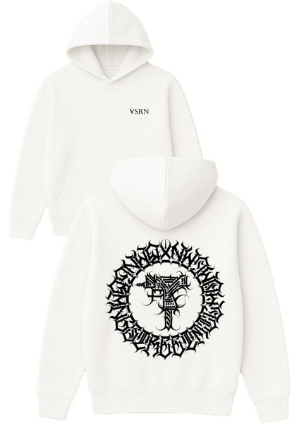 Yuvarlak Uzi Tasarım Baskılı Oversize Beyaz Kapüşonlu Sweatshirt