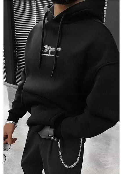 Erkek Baskılı Kapüşonlu ve Kordon Ipli Sweat - Siyah