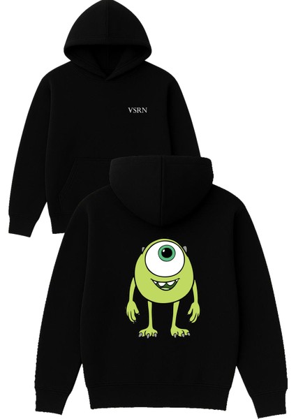 Tek Goz Canavar Tasarım Baskılı Oversize Siyah Kapüşonlu Sweatshirt