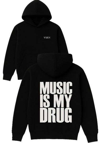 Musıc My Tasarım Baskılı Oversize Siyah Kapüşonlu Sweatshirt