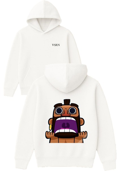 Coc Domuz Binici Tasarım Baskılı Oversize Beyaz Kapüşonlu Sweatshirt