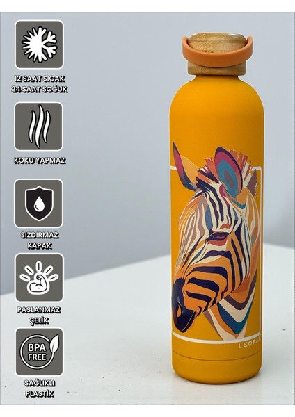 Bambu Kapaklı Turuncu Renk Zebra Figürlü 1000 ml Paslanmaz Çelik Termos